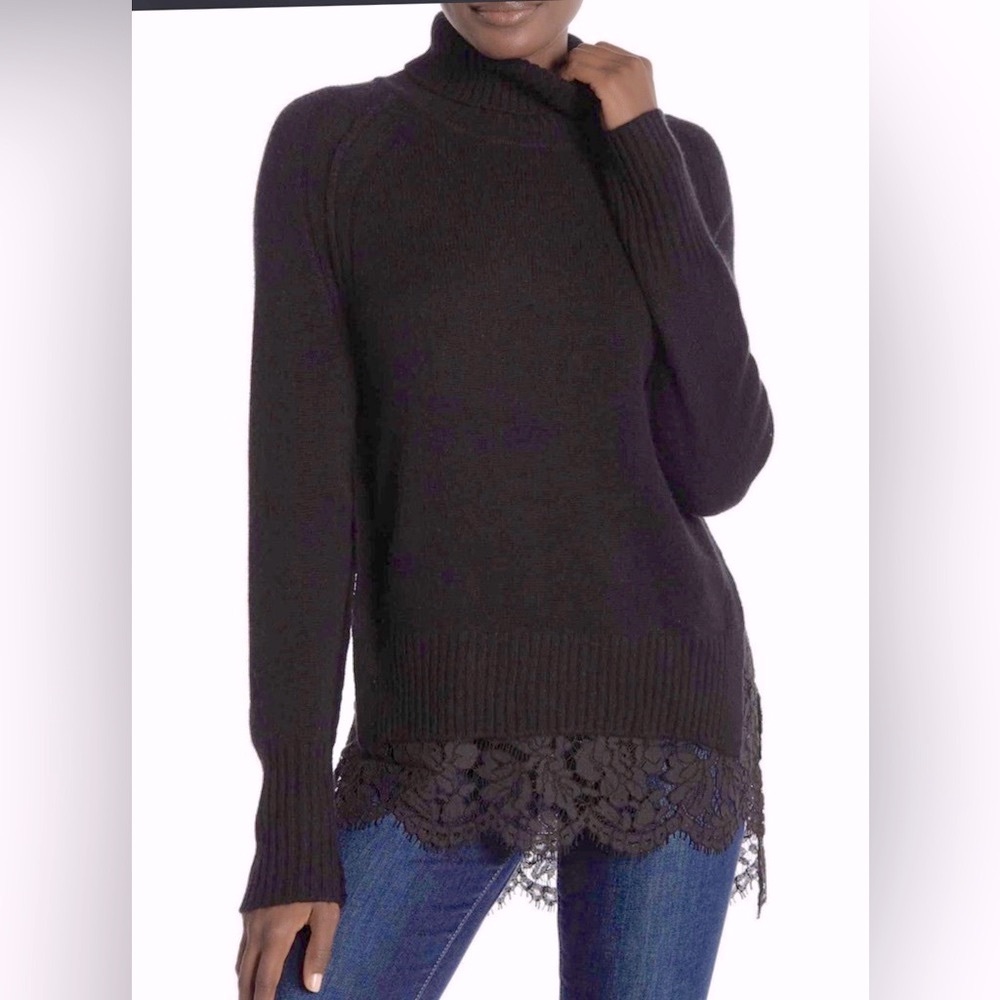 Elegant Black Lace Hem Cashmere & Wool Sweater